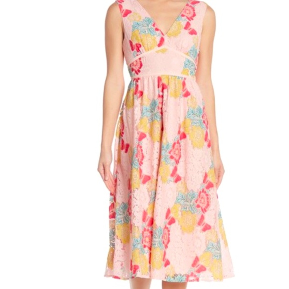 NSR Maria V Neck Lace Midi Dress NWT